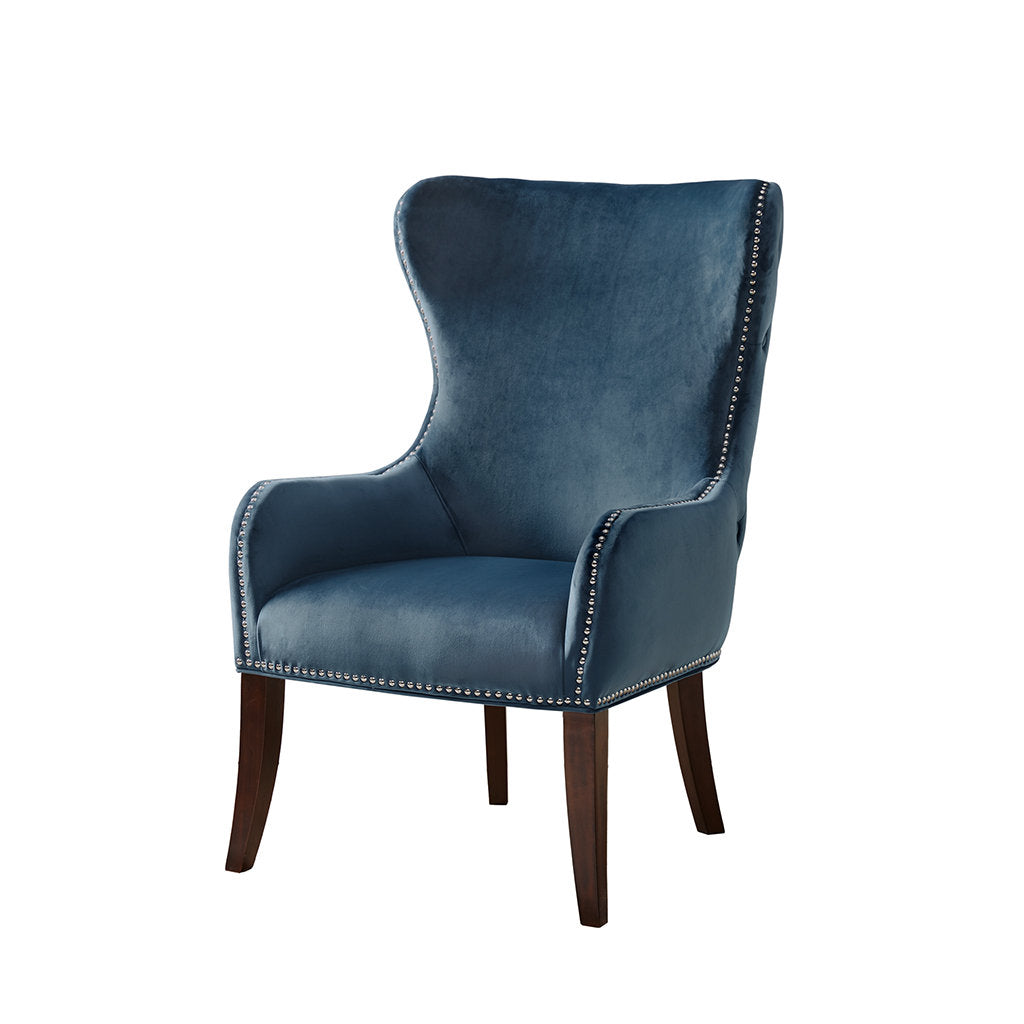 Wingback Accent Chair in Cobalt Blue Polyester with Espresso Wood Legs