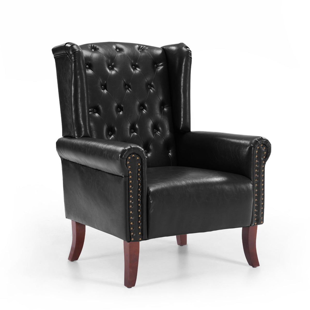 Wingback Accent Chair in Faux Leather with Espresso Wood Legs