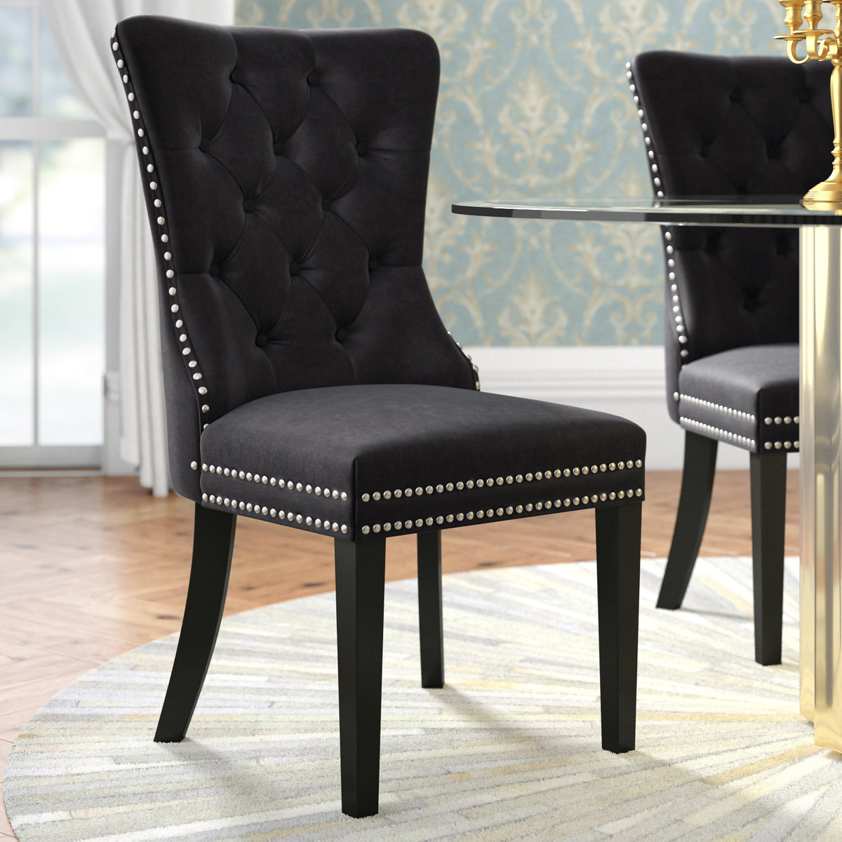 Wingback Accent Chairs, Set of 2, Black Velvet with Black Tapered Legs