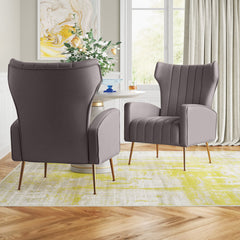 Wingback Accent Chairs, Set of 2, Gray Velvet with Gold Metal Legs