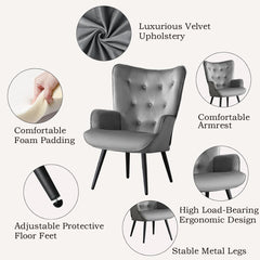 Wingback Accent Chairs, Set of 2, Velvet with Matte Black Metal Legs