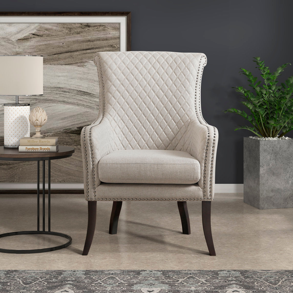 Wingback Armchair, Beige Polyester Fabric, Espresso Wood Legs