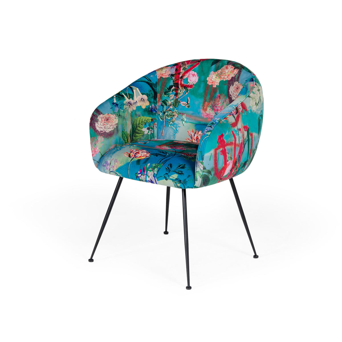 Wingback Armchair, Floral Velvet with Black Metal Legs