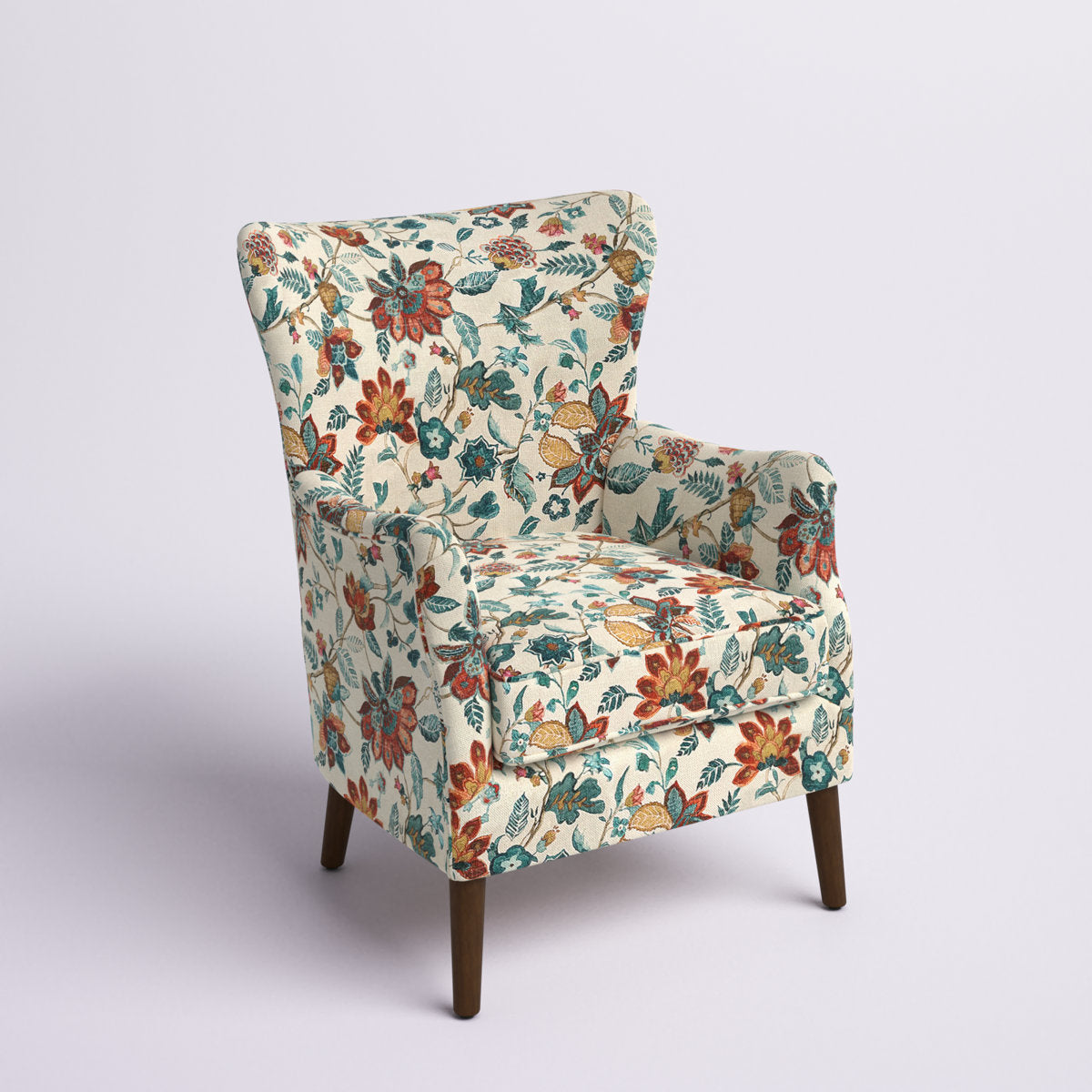 Wingback Armchair in Beige and Red Floral Polyester with Dark Brown Legs