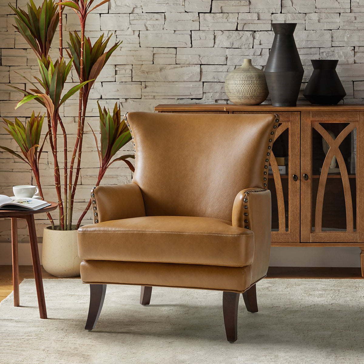 Wingback Armchair in Camel Faux Leather with Brown Wood Legs