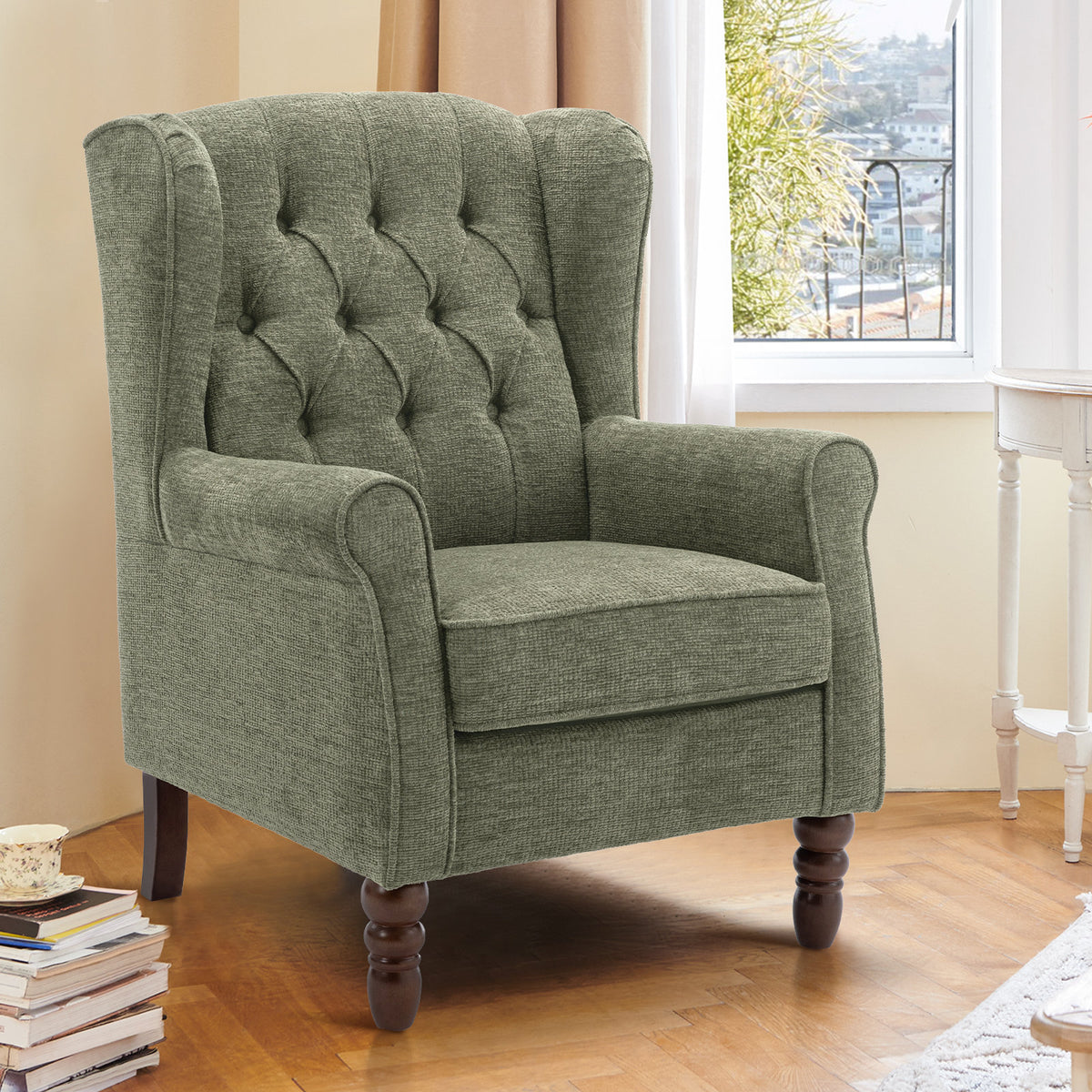 Wingback Armchair, Tufted, Green Performance Twill with Antique Brown Legs