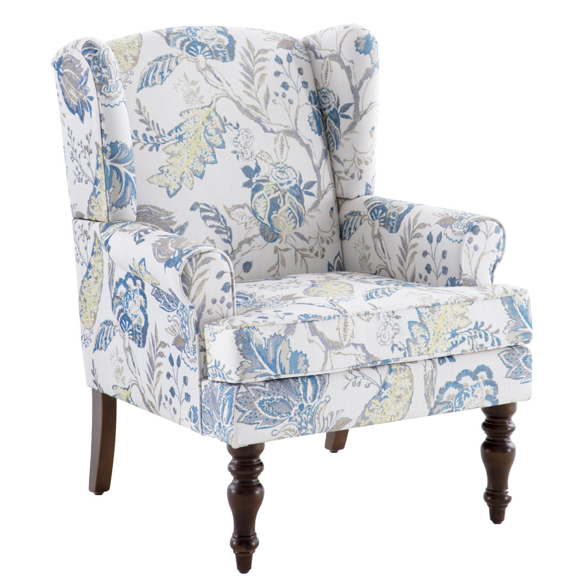 Wingback Armchairs, Set of 2, Blue Polyester Blend with Dark Brown Wood Legs