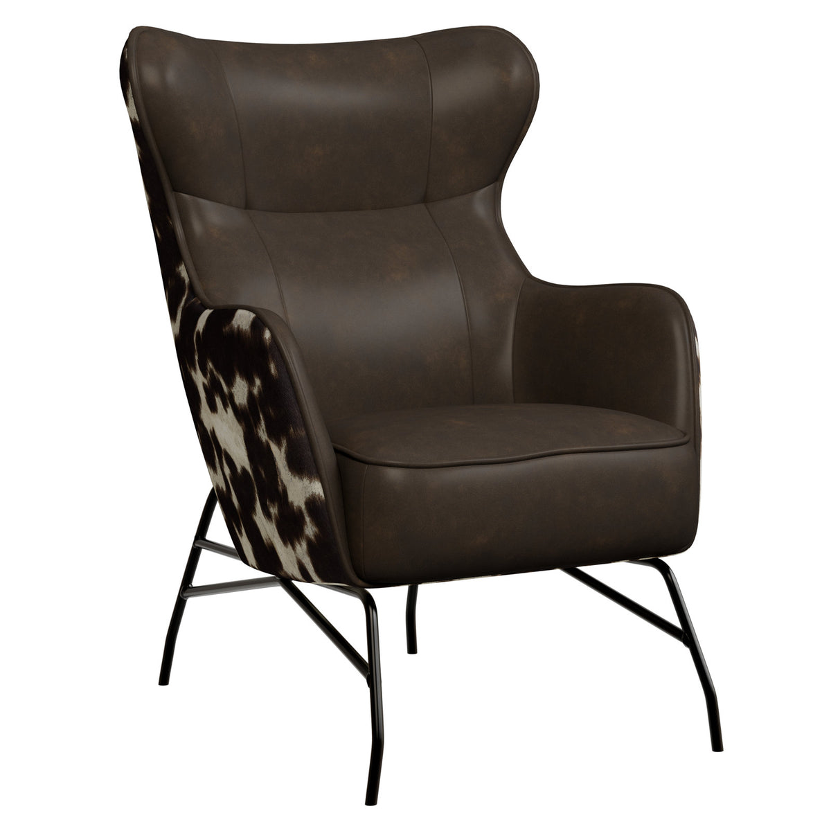 Wingback Armchairs, Set of 2, Brown Polyester with Black Metal Legs