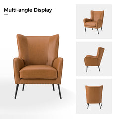 Wingback Armchairs, Set of 2, Camel Faux Leather with Black Metal Legs