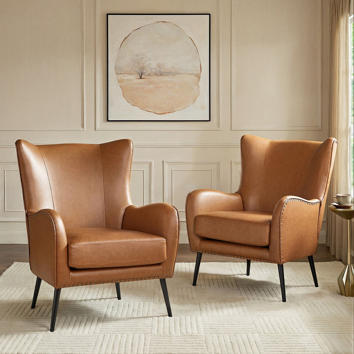 Wingback Armchairs, Set of 2, Camel Faux Leather with Black Metal Legs