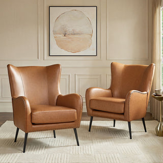Wingback Armchairs, Set of 2, Camel Faux Leather with Black Metal Legs
