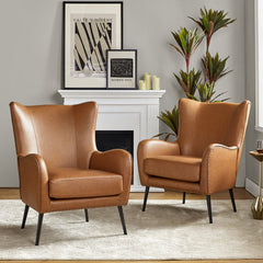 Wingback Armchairs, Set of 2, Camel Faux Leather with Black Metal Legs