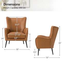 Wingback Armchairs, Set of 2, Camel Faux Leather with Black Metal Legs