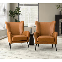 Wingback Armchairs, Set of 2, Camel Faux Leather with Black Metal Legs