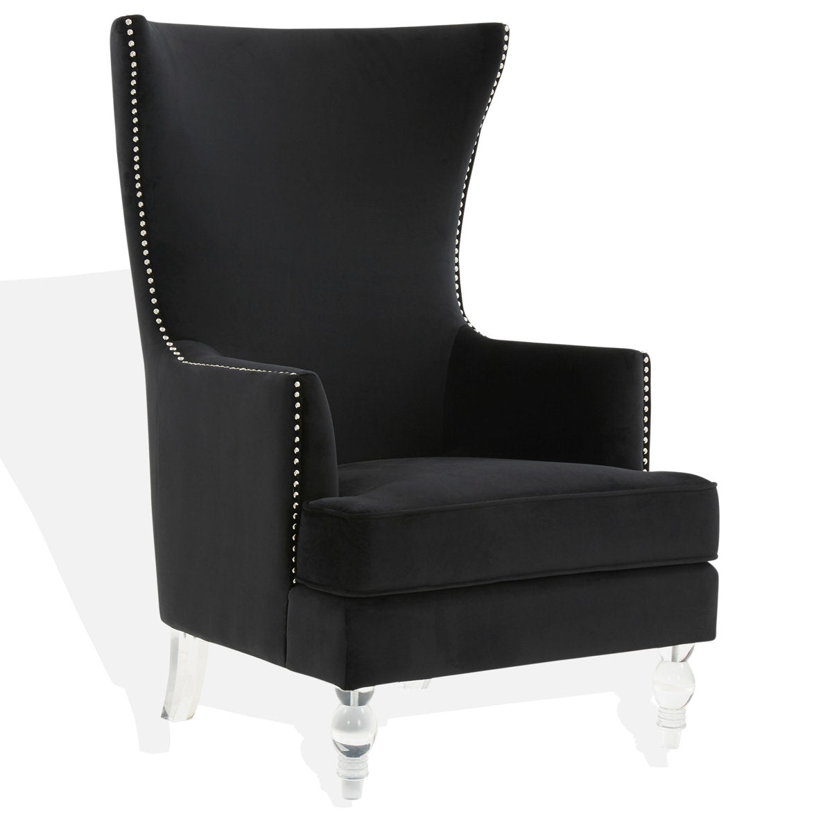 Wingback Chair, Black Velvet, Nailhead Trim, Clear Acrylic Legs