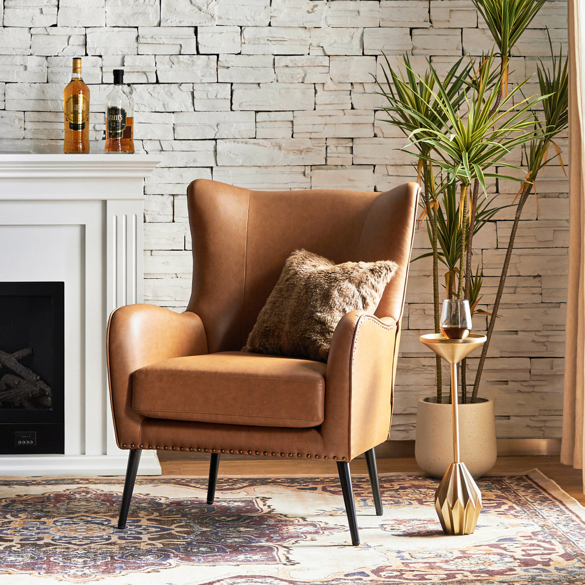 Wingback Chair, Camel Faux Leather with Black Metal Legs