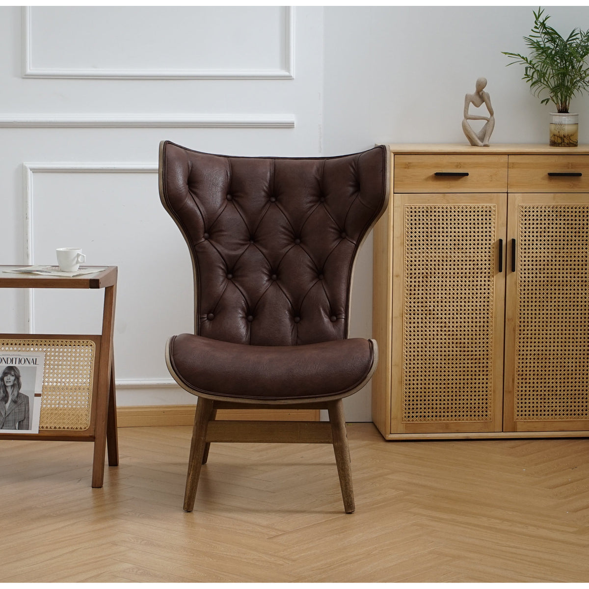 Wingback Chair, Dark Brown Faux Leather with Gray Wood Legs