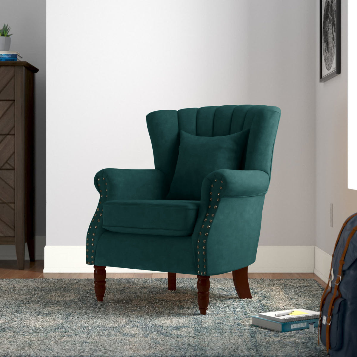 Wingback Chair, Green Velvet with Espresso Legs