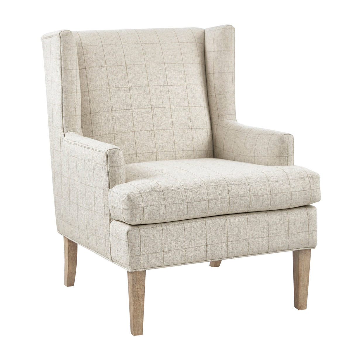 Wingback Chair in Beige Windowpane Fabric with Wheat Wood Legs