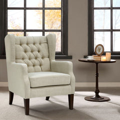 Wingback Chair in Linen Polyester Blend with Espresso Wood Legs