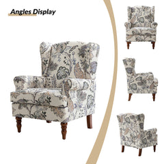 Wingback Chair in Multi Gray Floral Fabric with Walnut Legs