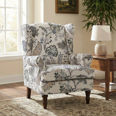 Wingback Chair in Multi Gray Floral Fabric with Walnut Legs