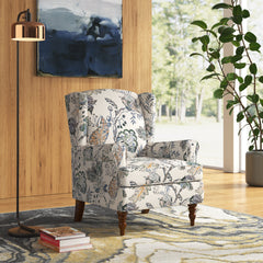 Wingback Chair in Multi Gray Floral Fabric with Walnut Legs