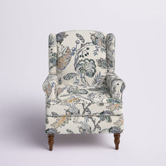 Wingback Chair in Multi Gray Floral Fabric with Walnut Legs