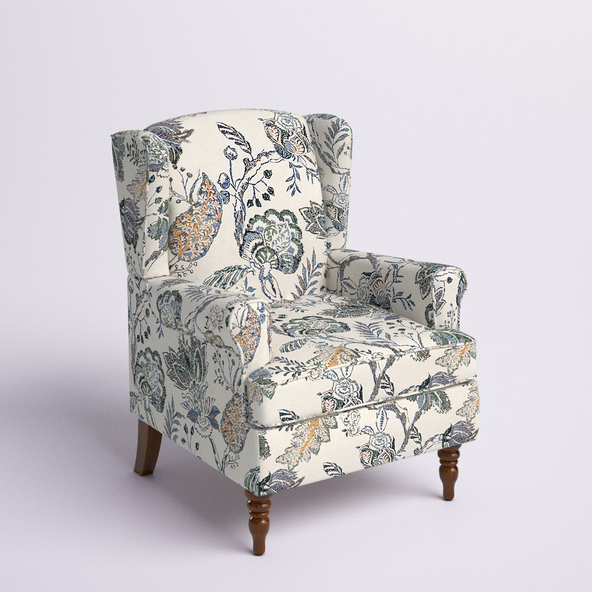 Wingback Chair in Multi Gray Floral Fabric with Walnut Legs
