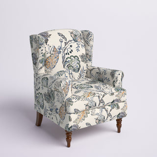 Wingback Chair in Multi Gray Floral Fabric with Walnut Legs