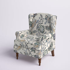 Wingback Chair in Multi Gray Floral Fabric with Walnut Legs