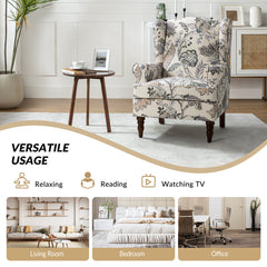 Wingback Chair in Multi Gray Floral Fabric with Walnut Legs