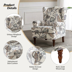 Wingback Chair in Multi Gray Floral Fabric with Walnut Legs