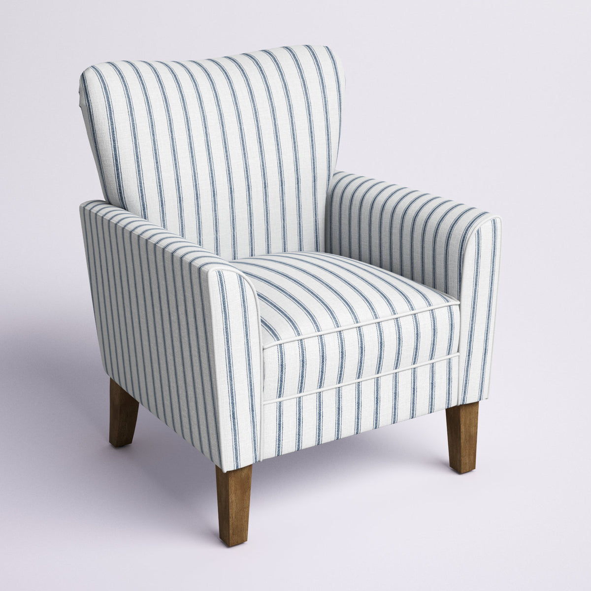 Wingback Chair in Navy Striped Polyester with Solid Wood Legs