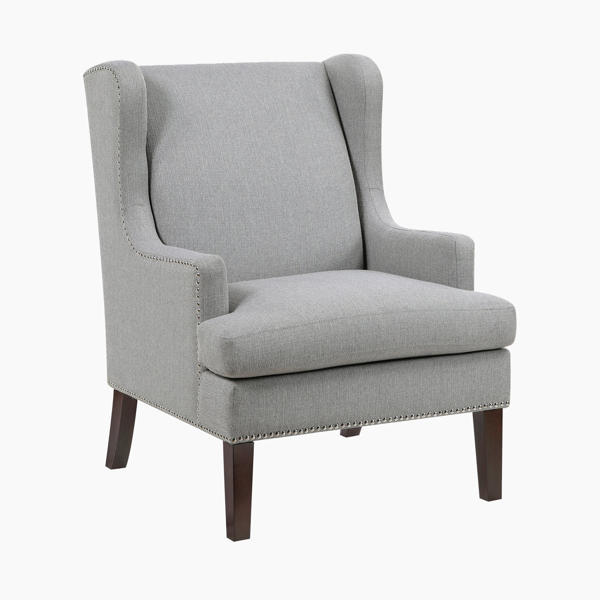 Wingback Chair in Textured Polyester with Nailhead Trim and Rubberwood Legs