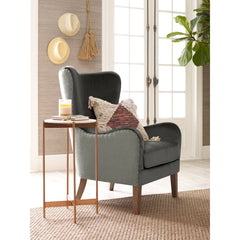 Wingback Chair in Two-Toned Dark Gray Linen Blend with Wooden Legs