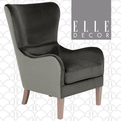 Wingback Chair in Two-Toned Dark Gray Linen Blend with Wooden Legs