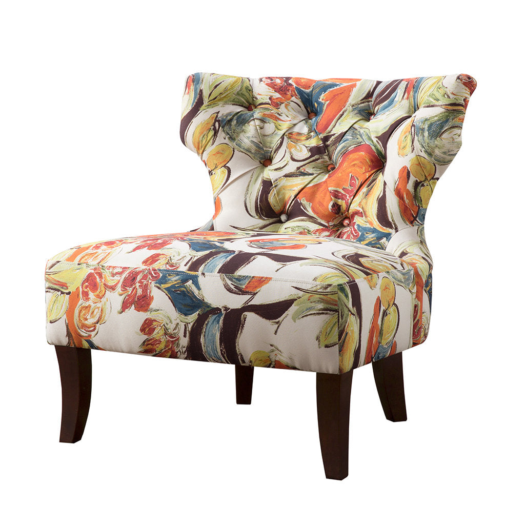 Wingback Chair, Multi-Colored Floral Upholstery with Espresso Legs