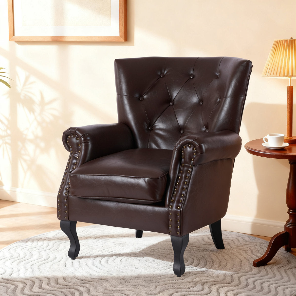 Wingback Chair with Faux Leather Upholstery and Solid Wood Legs