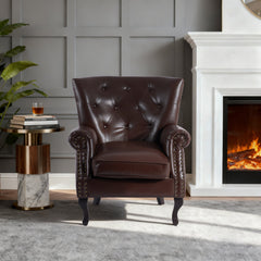 Wingback Chair with Faux Leather Upholstery and Solid Wood Legs
