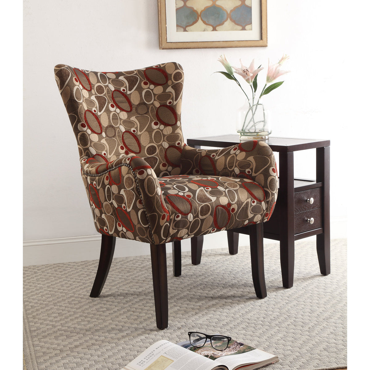 Wingback Chair with Polyester Blend Upholstery in Cream, Red and Maroon