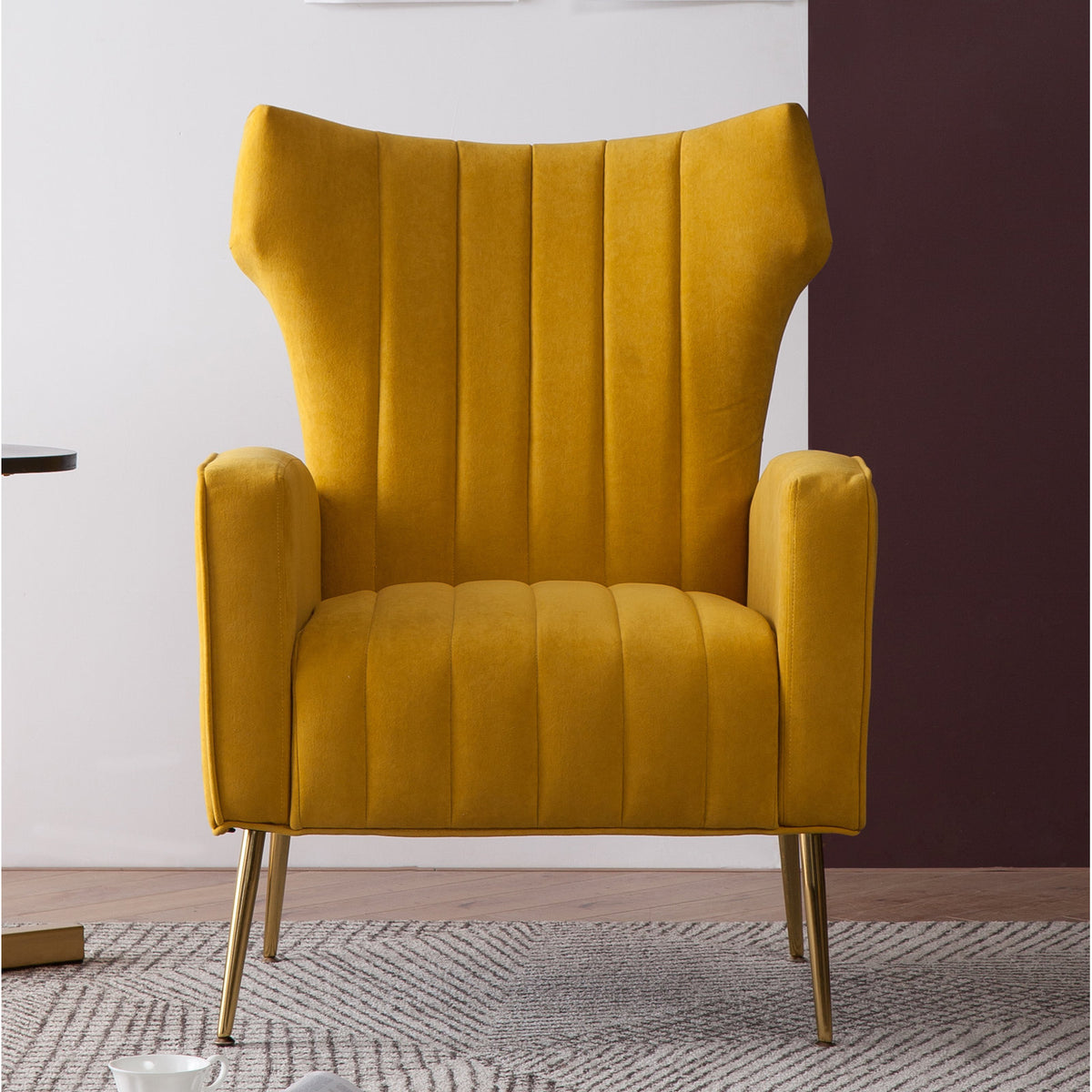 Wingback Chair, Yellow Velvet with Gold Metal Legs