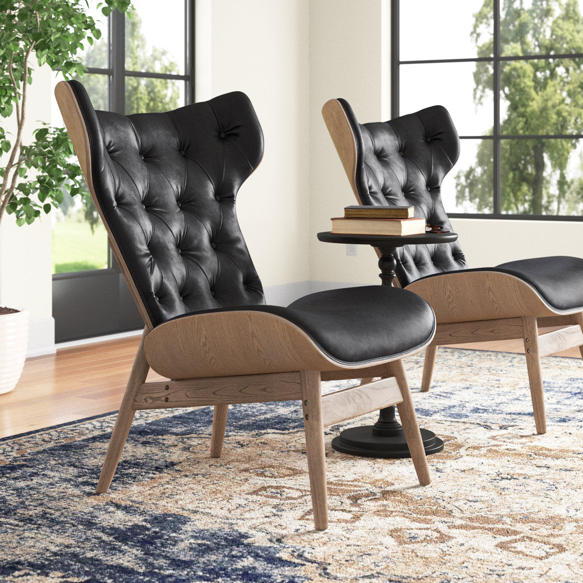 Wingback Chairs, Set of 2, Black Faux Leather with Gray Wood Legs