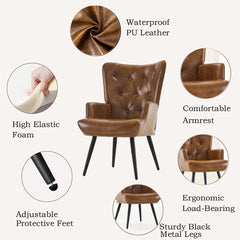 Wingback Chairs, Set of 2, Brown Faux Leather