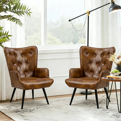 Wingback Chairs, Set of 2, Brown Faux Leather