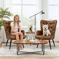 Wingback Chairs, Set of 2, Brown Faux Leather