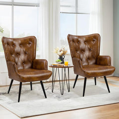 Wingback Chairs, Set of 2, Brown Faux Leather