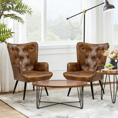 Wingback Chairs, Set of 2, Brown Faux Leather