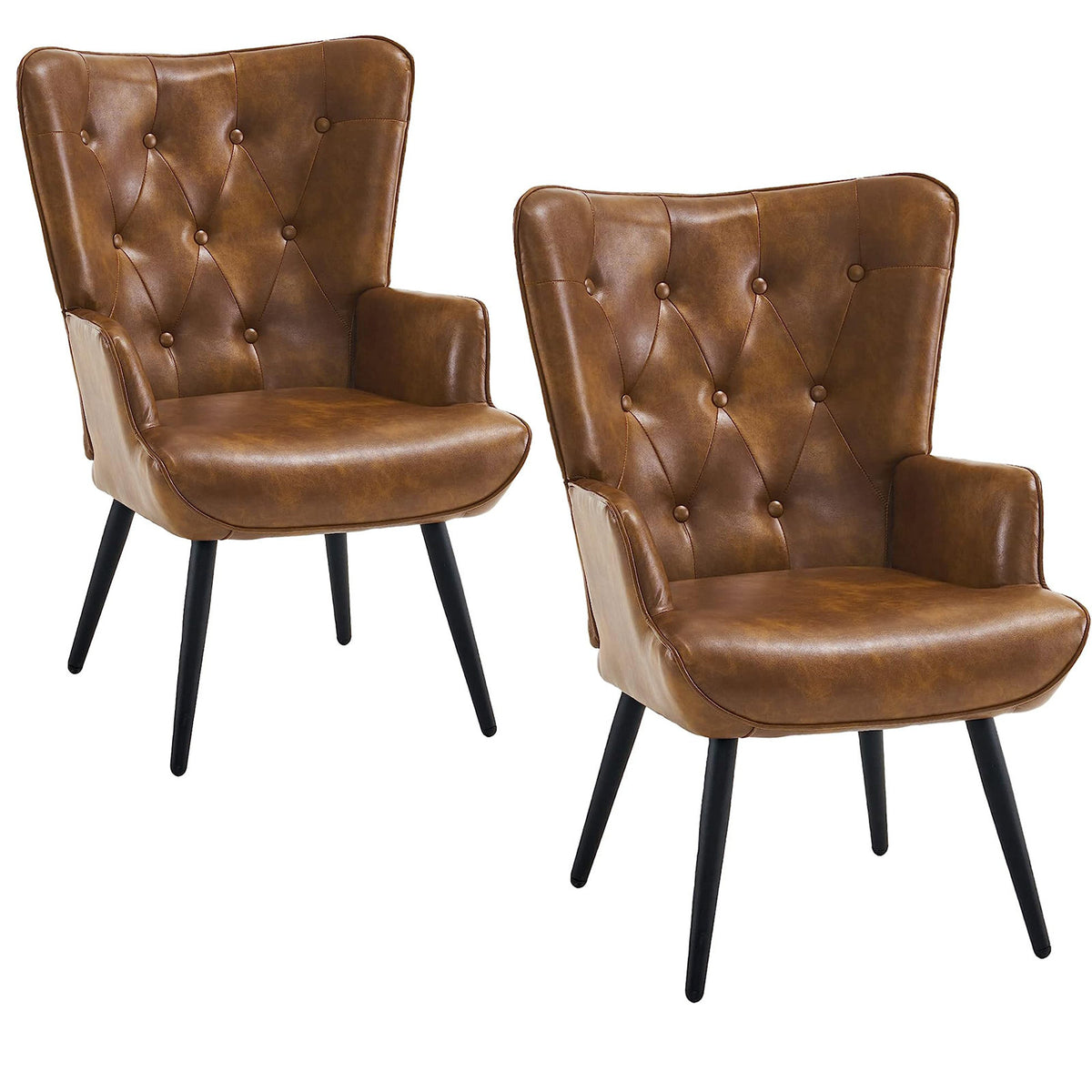 Wingback Chairs, Set of 2, Brown Faux Leather
