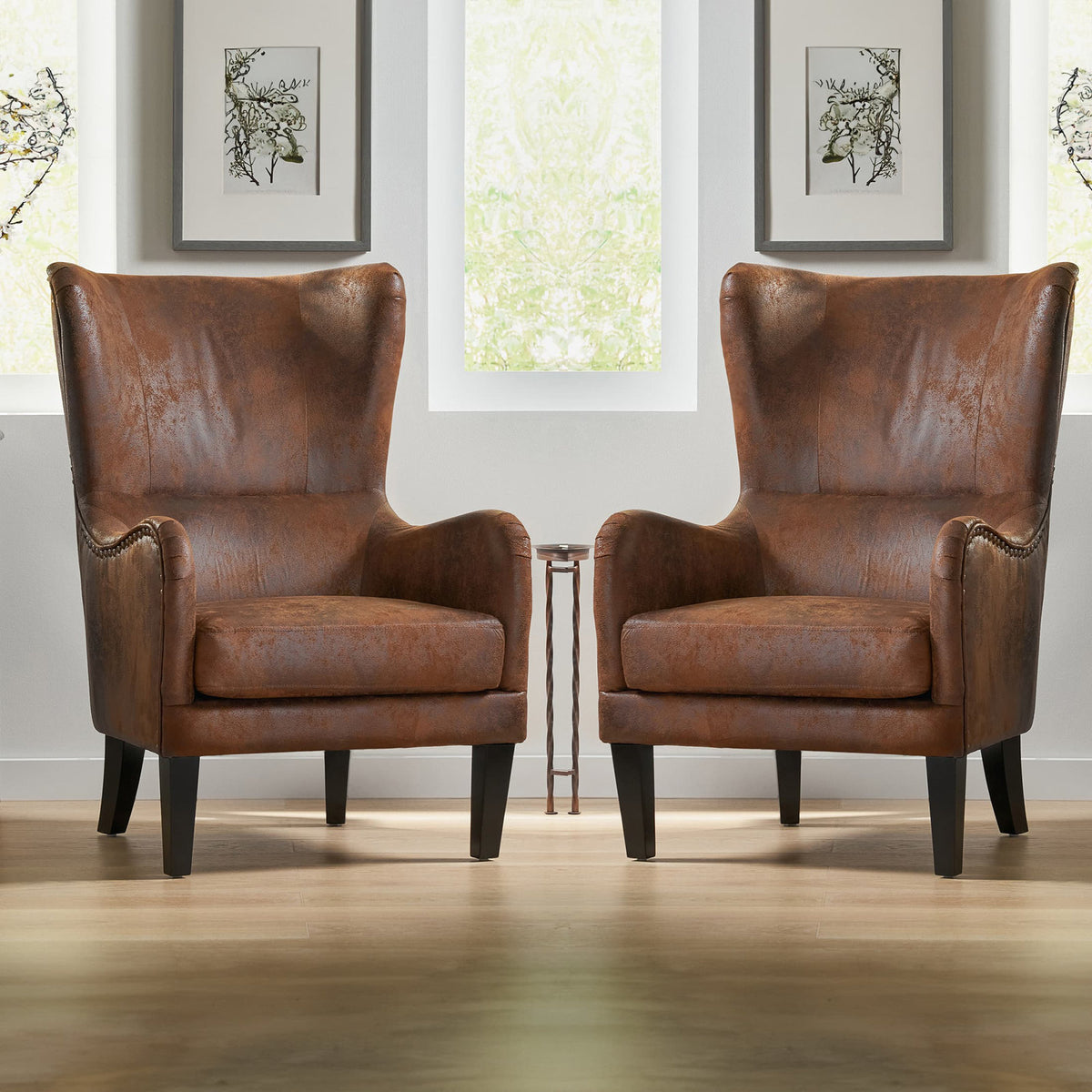 Wingback Chairs, Set of 2, Brown Microfiber with Dark Brown Legs
